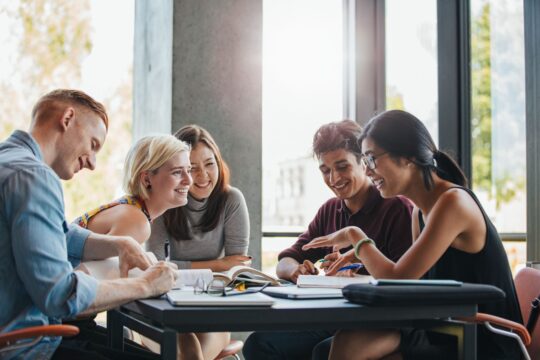 A group of students engaging in a discussion