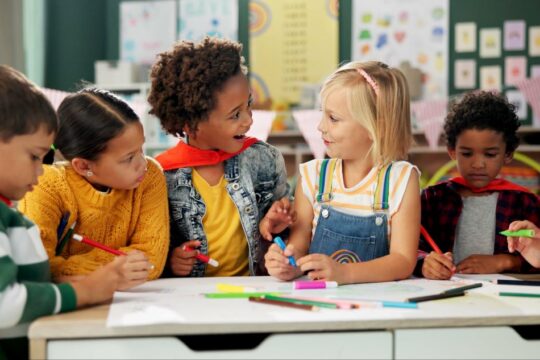 A group of students work together on making a poster.