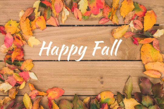 A sign that says “Happy Fall” with leaves around it.
